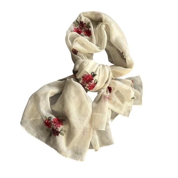 Scarf Large Rectangle Floral Embroidery White & Red Shawl or Cover Up 66” x 35” - Picture 1 of 8